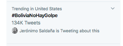 robvato's tweet photo. AMAZING! The less than 73,000 Bolivians in the US have pulled off a massive feat, making #BoliviaNoHayGolpe trend on Twitter. Either that, or the well-established pattern of US destabilization in the media age is at work legitimizing fascistic, right wing Latin American coupsters https://t.co/Kfpfj9UqXL