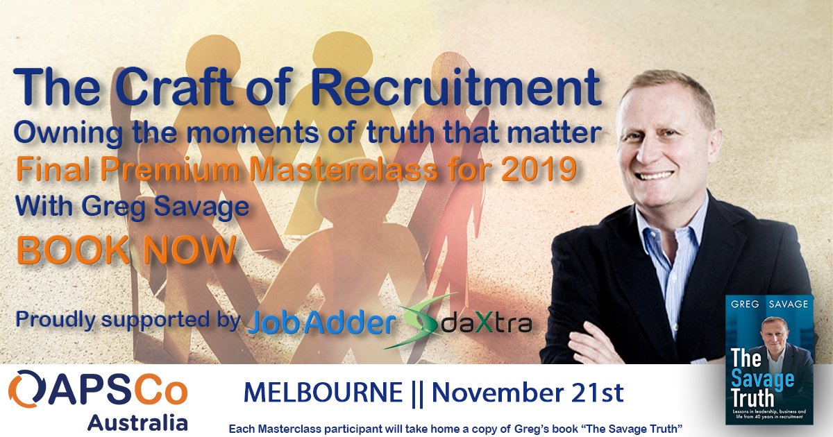 APSCoAu's tweet photo. One down, one to go!!!
Your chance to catch #TheCraftofRecruitment with @greg_savage is closing in fast.
Book now at https://t.co/168cg9DMeK
#APSCoAu #Recruitment #Masterclass #FinalShow #BookNow #ProfessionalDevelopment https://t.co/S17pNHhngJ