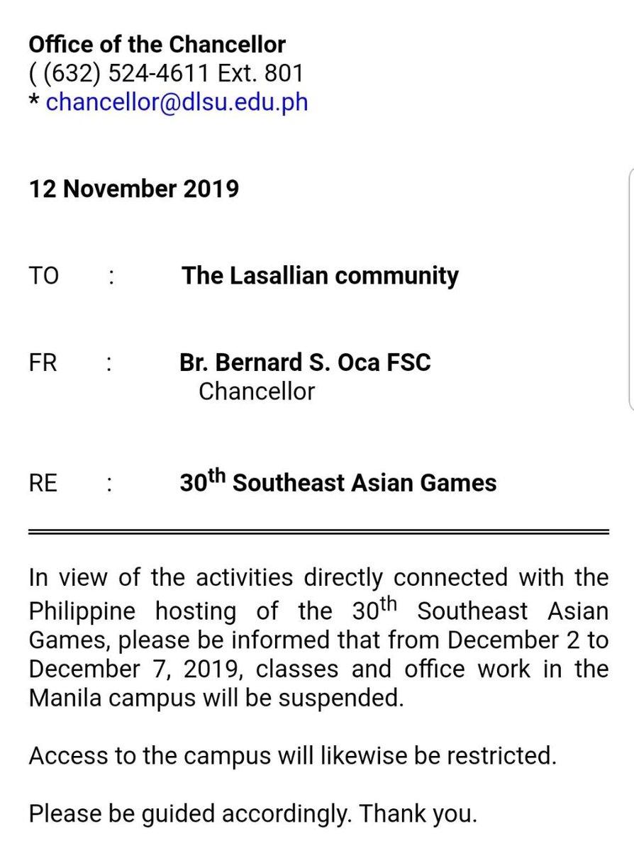 TheLaSallian's tweet photo. JUST IN: Classes and office work in the DLSU Manila campus will be suspended from December 2 to 7 to make way for the 30th Southeast Asian Games, according to a recent Help Desk announcement. https://t.co/5s2w3jhLWA