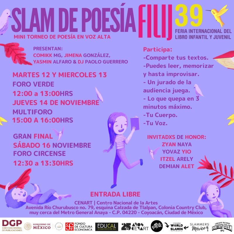 Mañana comienza el Mini Torneo de Poesía en Voz Alta, en la #FILIJ39. ✍️📖🤩
12:00 horas en el Foro Verde.
Podrás compartir tus textos, leer, memorizar e improvisar.
La gran final: 16 de noviembre 🥰

#TodosSomosFILIJ
#FILIJEnElCenart 
#25AñosCenart