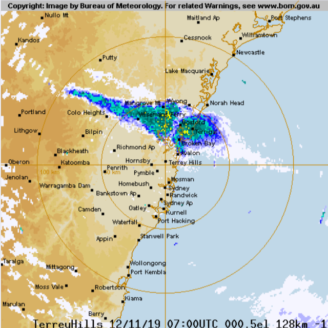 NSWRFS's tweet photo. Smoke from fire activity, particularly on the north coast, combined with a dust storm, is visible across Sydney and Newcastle. Please don't call triple zero to report smoke. Save it for emergencies. It should start to clear later this evening with the southerly change. #nswrfs https://t.co/LZUjFGQpCm