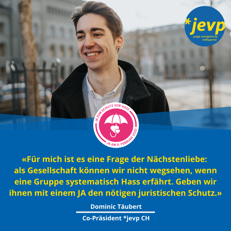 Als Gesellschaft können wir nicht wegsehen, wenn eine Gruppe systematisch Hass erfährt. Geben wir ihnen mit einem JA den nötigen juristischen Schutz.
Die @jevp_ch gibt die JA-Parole zur Anti-Rassismus-Strafnorm und sagt #JAzumSchutz vor Hass aufgrund der sexuellen Orientierung.