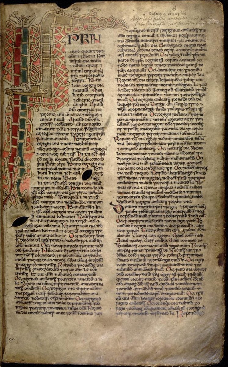 Book of Ballymote, (AD 1390), part of the Auraicept na n-Éces, explaining the Ogham script.Left -: Leabhar Bhaile an Mhóta