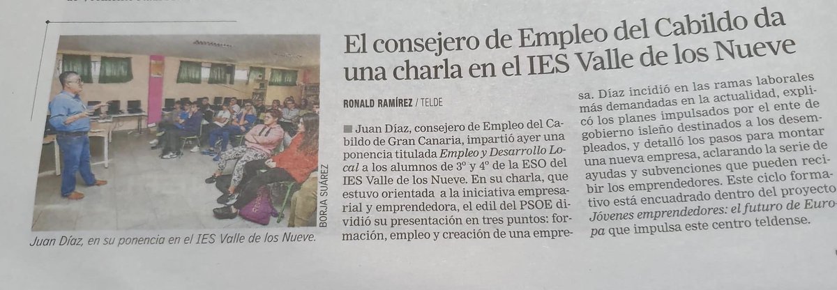 Ponencia del consejero de empleo del Cabildo, Juan Díaz, al alumnado titulada “Empleo y desarrollo local”. Charla enmarcada en el proyecto Erasmus+ “Young entrepreneurs: the future of Europe”. Gracias a Juan Díaz por su predisposición y colaboración. <a href="/ECIE_gobcan/">ECIE GobCan</a> <a href="/sepiegob/">SEPIE</a>