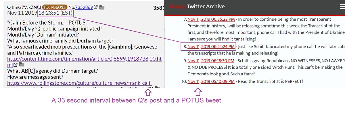 27) This graphic shows that Q posted 33 seconds before the President tweeted. If you're not sure why it matters, try posting just once before, but within 60 seconds of the President's tweet.(Q has done it more than 20 times.)  http://trumptwitterarchive.com/ 