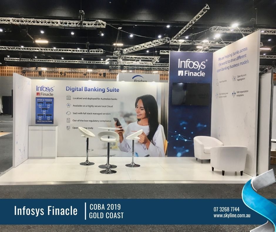 SkylineAust's tweet image. It&apos;s the last day of #Coba2019 &amp;amp; #InfosysFinacle are looking incredible with their #customdisplay solution.

Find them at Silver booth #13 at the 
@GCCEC. 

For a solution that suits you, talk to Skyline @ skyline.com.au/contact

#tradeshow #conference #exhibitiondisplays