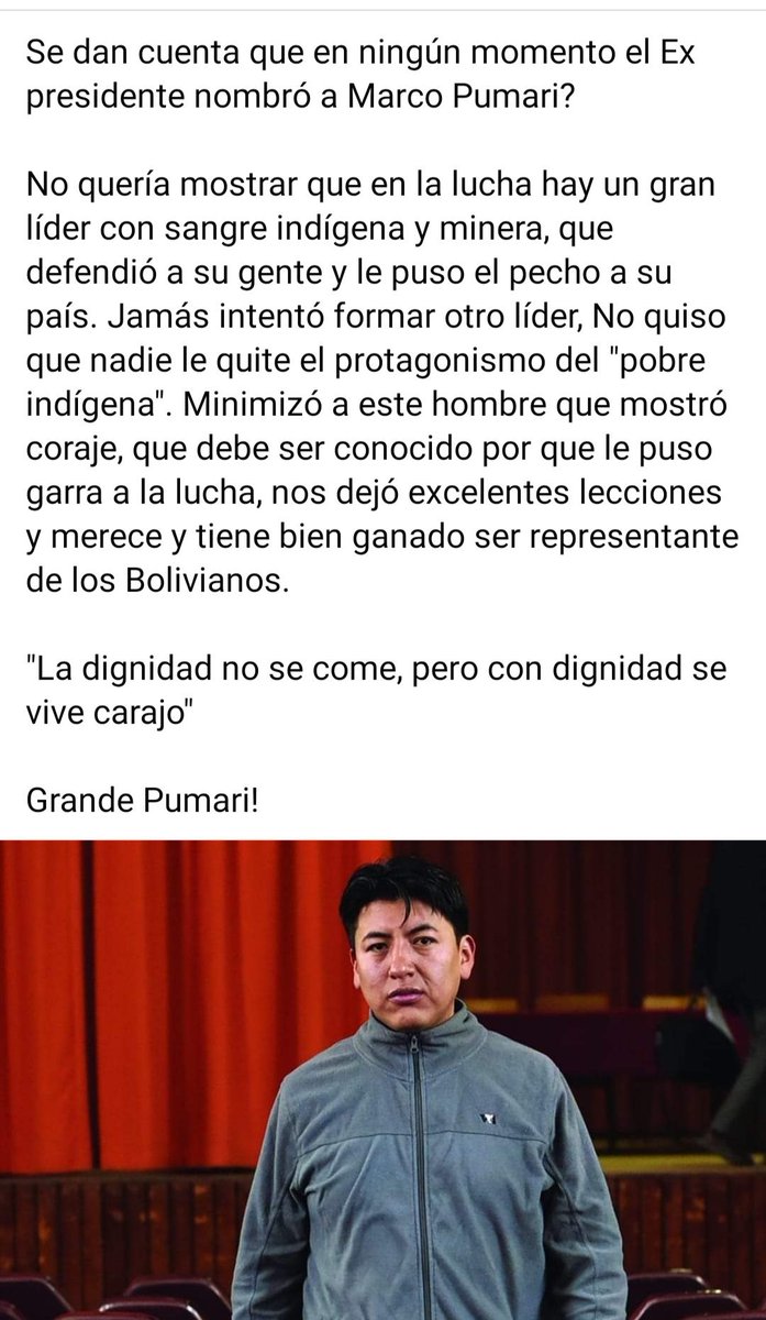 DanielaLorenaC3's tweet photo. @evoespueblo  es tan cobarde que no pudo nombrar a @Marco_Pumari_A  porque se le cae el teatro de pobre indígena, no acepta que un potosino con sangre indigena y minera haya liderado los movimientos sociales en el país. Que pena que no lo de a conocer a tan valiente hombre.👏👏🇧🇴 https://t.co/Tk0MZLPZAN