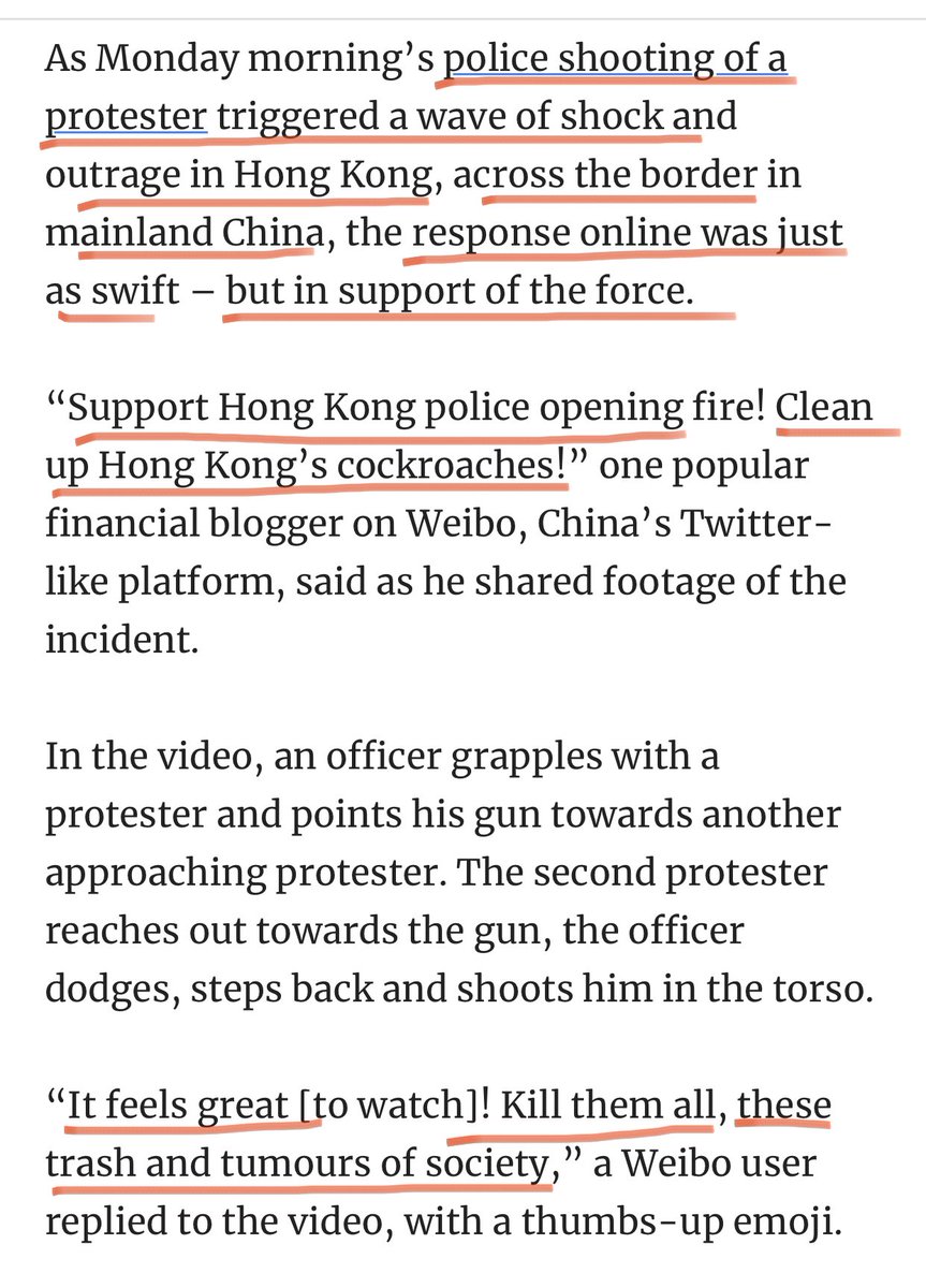 几个月来中共把港人争取民主自由打造成为港独运动,并大篇幅报道和宣传港人打砸抢
今日终于达到了民族仇恨的巅峰状态
北京日报报道:警察的枪声引起市民的掌声和欢呼声,警察表现得相当勇敢
大批网络水军跟帖说:把那些香港蟑螂全部杀光,直接对准他们的脑袋开枪!
邪恶帝国公开支持和怂恿兽性性行为