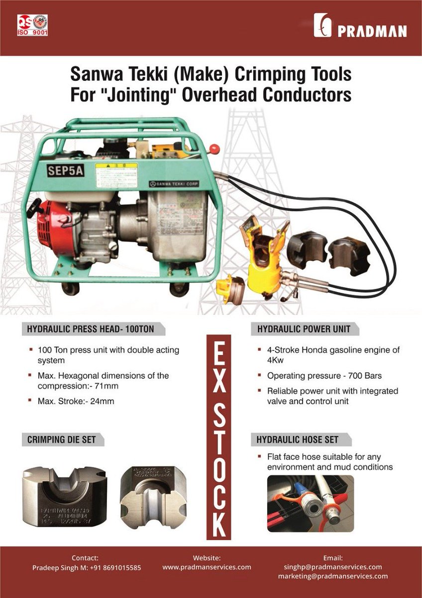 Pradmangroup's tweet image. Stringing Tools! Ex-Stock. 

For more information, please reach us at marketing@pradmanservices.com or 022 41116111

#stringingtools #accessories #crimpingtools #jointingconductors #overhead #lineconstruction #powertransmission #power #electrical #sanwatekki #pradmanindia