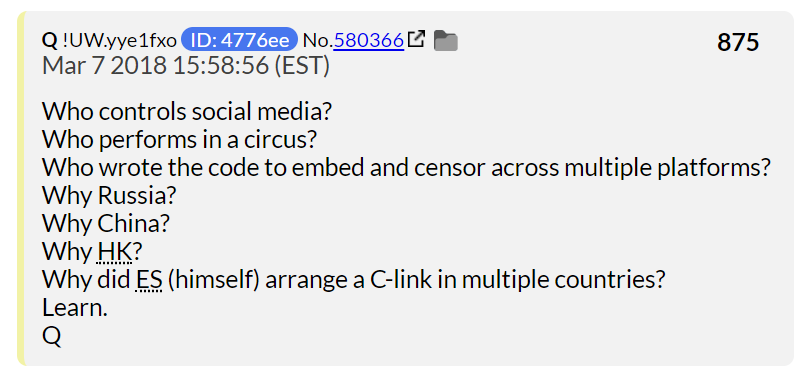 35) In March of 2018, Q hinted that either Edward Snowden or Eric Schmidt wrote the code used to censor across multiple platforms. (ES usually indicates Eric Schmidt, but it can also indicate Snowden.)