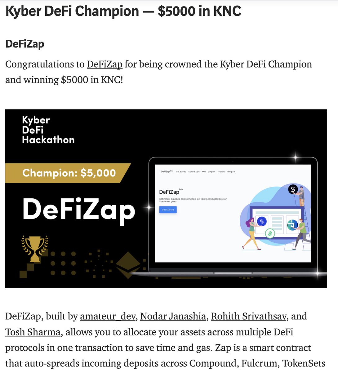 A month ago, we started building DeFiZap. Now we’re here.
Thank you so much for all your love and support. ❤️

<a href="/amateurdev2/">amateur_dev</a> 
blog.kyber.network/kyberdefi-hack…
