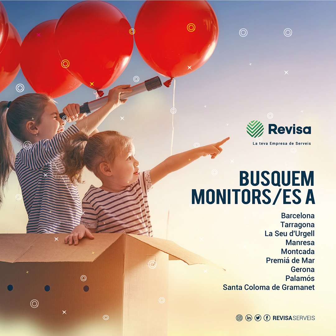 RevisaServeis's tweet photo. Estem buscant talents que vulguin integrar-se al nostre equip de monitors per menjadors escolars, extraescolars, casals i colònies a ▶ #barcelona #tarragona #LaSeu #manresa #montcada #premiá #girona #palamós #SantaColoma. Envia'ns un e-mail a mtorras@revisa.cat #Revisa #LaSalle https://t.co/SdngqaWyk4