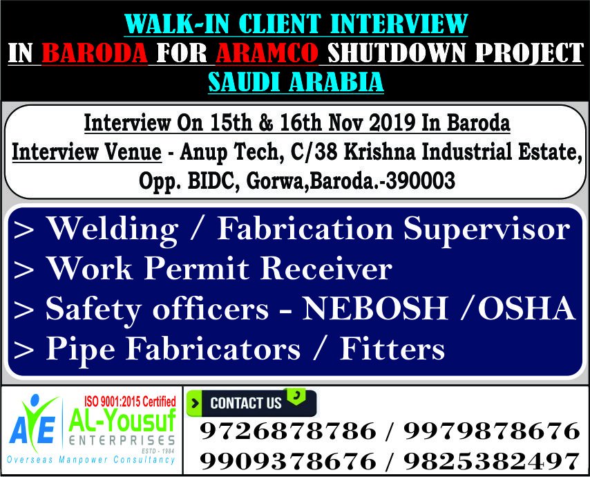 alyousufjobs's tweet photo. HR06 #WALKIN #CLIENT_INTERVIEW IN #BARODA FOR #ARAMCO #SHUTDOWN_PROJECT - #SAUDI_ARABIA
Interested apply to email - 7204031354@alyousufent.com
#AlYousufGulfJobs #Hiring #Recruiting #Manpower #Gulf #JobsinGulf #PMOIndia #MEAIndia #ANI #NEWSANDNRI https://t.co/H4vsFl6JIV