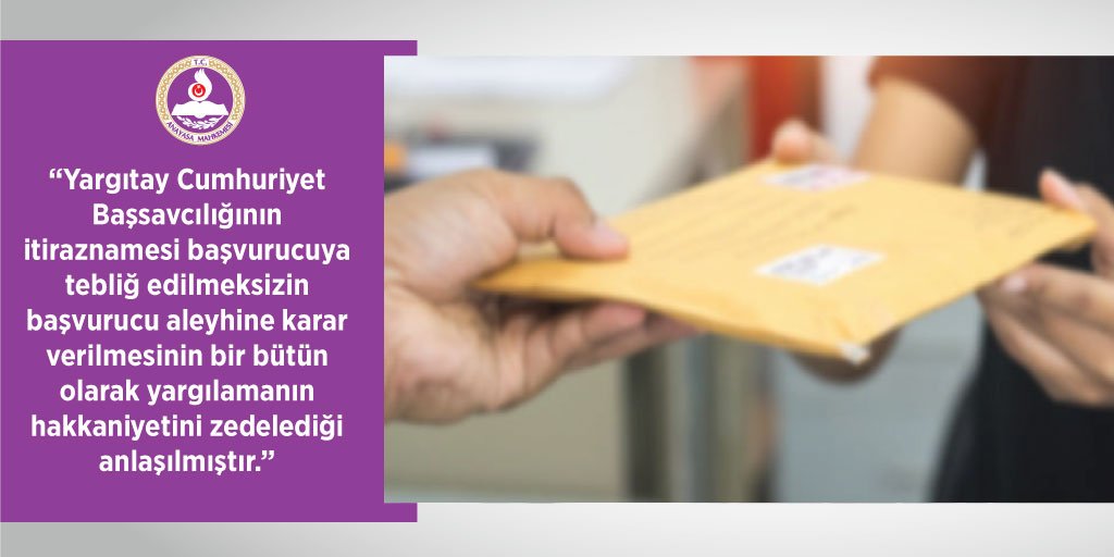 AYMBASKANLIGI's tweet photo. İtiraznamenin Başvurucuya Tebliğ Edilmemesi Nedeniyle Çelişmeli Yargılama ve Silahların Eşitliği İlkelerinin İhlal Edilmesi
https://t.co/JdOOIfKgS9 https://t.co/yHzf8LeJix