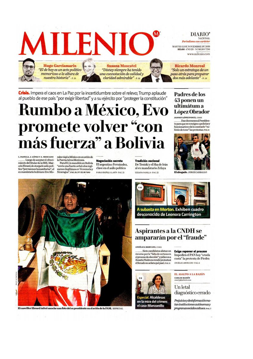 #Las8Columnas #Milenio: Rumbo a México, Evo promete volver "con más fuerza" a Bolivia