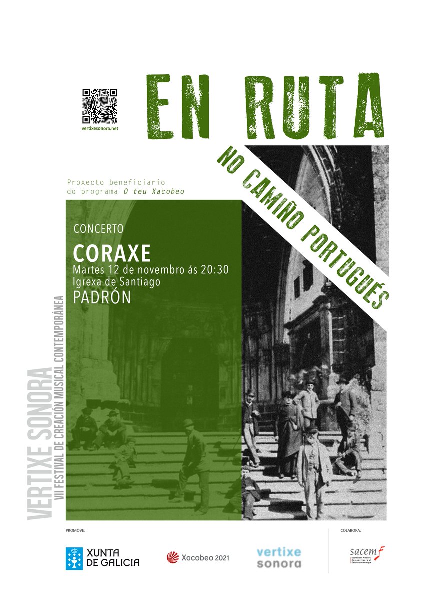 7º Festival Vertixe Sonora presenta:
Coraxe en #Padrón
Martes 12/11/2019
Igrexa de Santiago
20h Aguzar o oído, charla con Paco Yáñez
20:30. Concerto 
🎶Obras: Ángela da Ponte, Filipe Lopes, Pablo Vergara, Juan Pablo Carreño, Theocharis Papatrechas, Ángel Faraldo