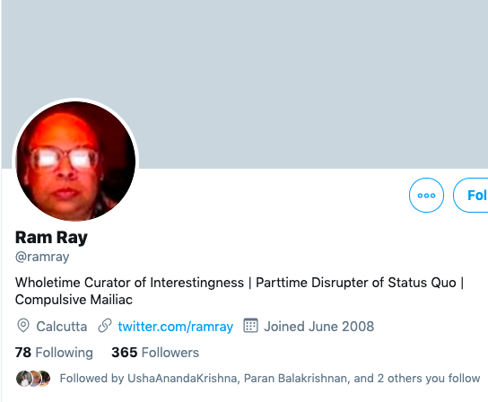 TheRightGhose's tweet photo. Devastated by the news of @ramray's demise - it'd be an understatement to call him an #advertising doyen. One of the last Bengali bohemians. Gourmet. Bon Vivant. His twitter bio says it all. Always ahead of his time. Apart from @response_india, founded Ray & Keshavan. #RamRay RIP https://t.co/29nnAIIblc