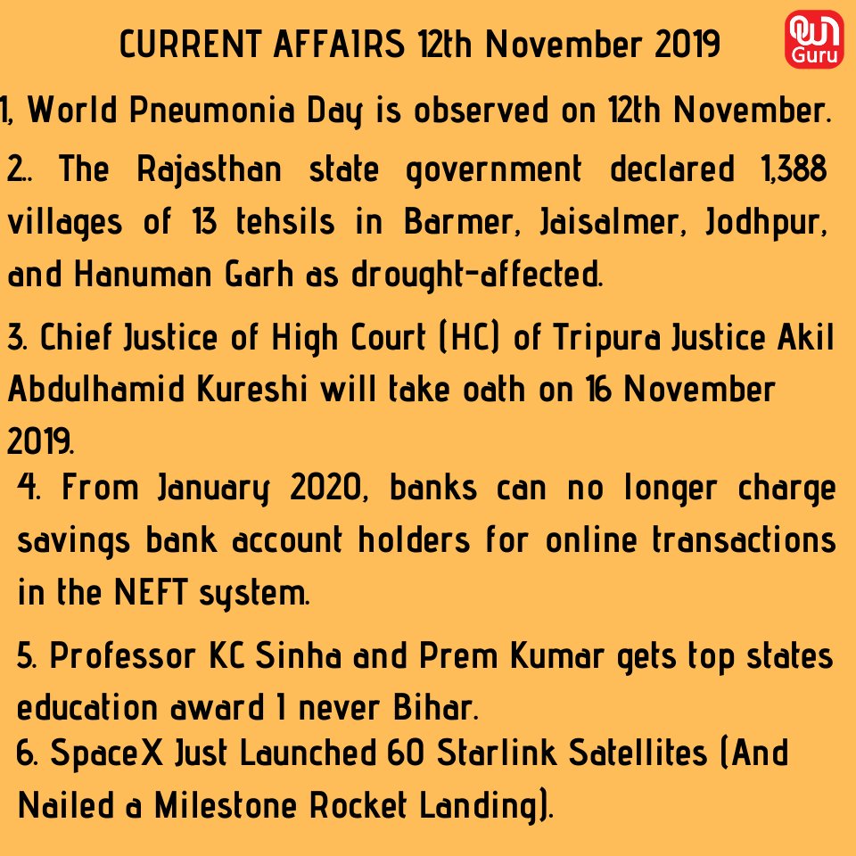 OfficialOwnTV's tweet photo. Current Affairs 12th November 2019
#CurrentAffairs #NovemberCurrentAffairs #Pneumonia #Rajasthan #ChiefJustice #TripuraHC #NEFT #KCSinha #award #Satellites #ssc #ssccgl #ibps #Competitiveexams #KapilSibal #pinarayivijayan #GuruNanak550 https://t.co/IfEKWu28ab