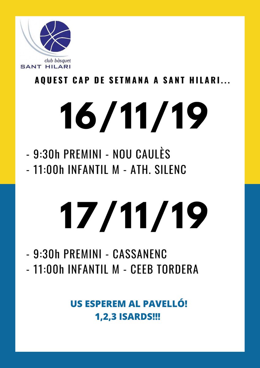 cbsanthilari's tweet image. Aquest cap de setmana tenim dos matins plens de bàsquet a @santhilarisacalm ! Vindràs a veure’ns??? 🏀🙌🏽 #123isards