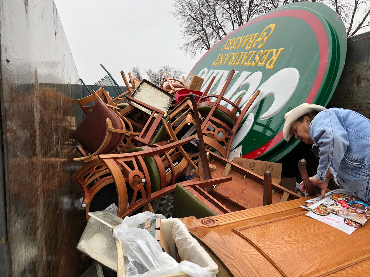 I went dumpster diving for furniture and signage at a closed Perkins in Golden Valley, MN.