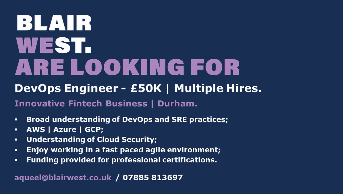 _BlairWest's tweet photo. BlairWest are delighted to be working with a forward thinking business that is disrupting the #FinancialServices sector with it's cutting edge technological practices. Get in touch with Aqueel for a chat.

#DevOps #DevOpsEngineer #AWS #Azure #GCP #CloudsSecurity #Agile https://t.co/D1jW3drHKM