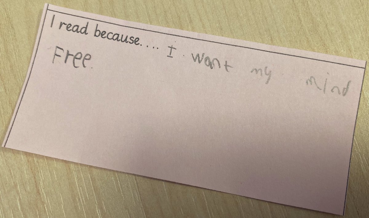 After being inspired at the <a href="/OpenUni_RfP/">Reading for Pleasure 🧶</a> conference a few weeks ago, I asked every child in every class and all of the adults in school to complete the sentence, I read because... This is from one of our youngest in school and one of my favourite answers.