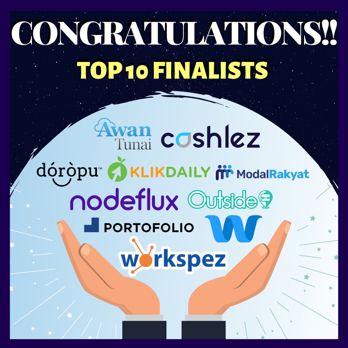 ntt_sc's tweet photo. Here are our 10 finalists that will be pitching on final day:
- Awan Tunai
- Cashlez
- Doropu
- Klikdaily
- https://t.co/hqjyUOVoic
- nodeflux
- Outside App!
- Portofolio Indonesia
- Wallezz
- Workspez
Dress up, do your best, and take the prizes!
.
.
#NTTStartupChallenge2019 https://t.co/jAboMUTuFW
