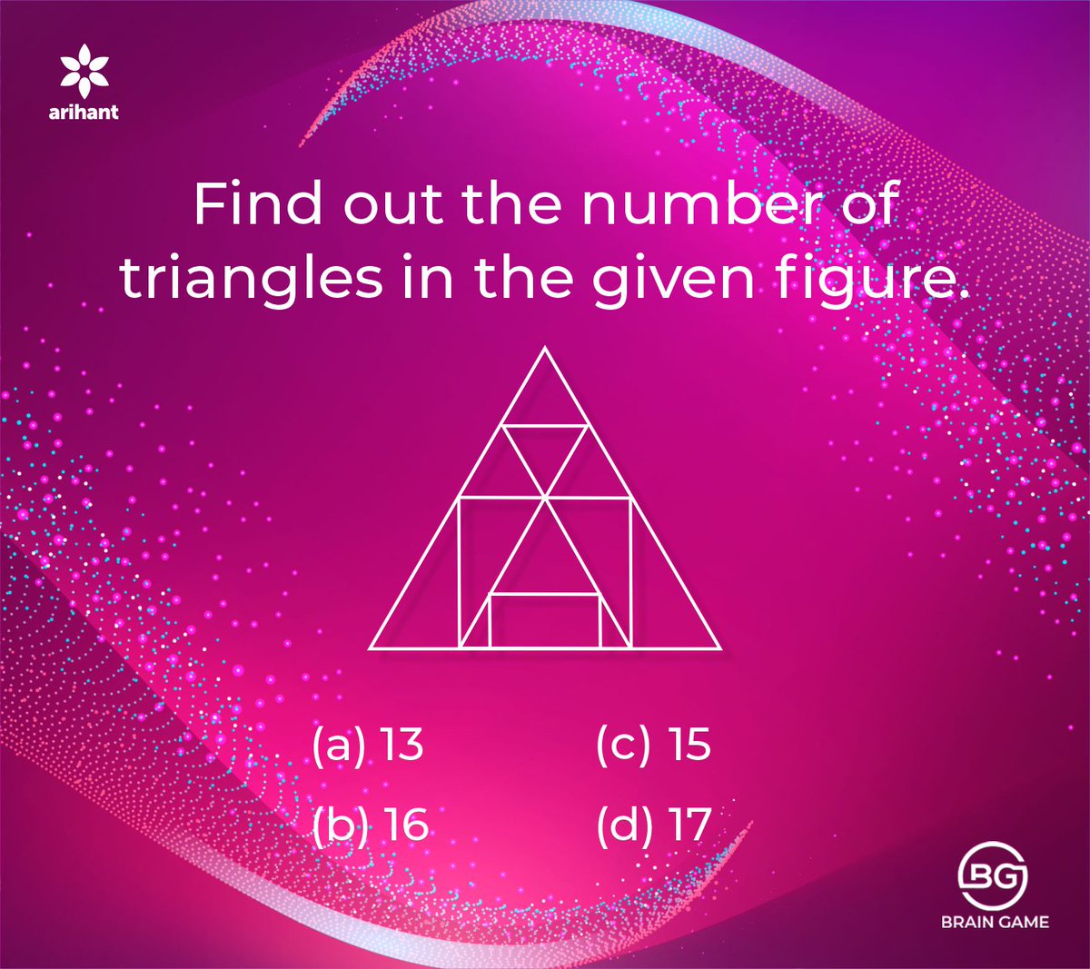 arihantpub's tweet photo. #BrainGames #Triangles #Reasoning
Hola friends!
How many Triangles can you see in this figure? 
Give a little stress on your brain muscles and comment your answer. https://t.co/t74FYW0WaV