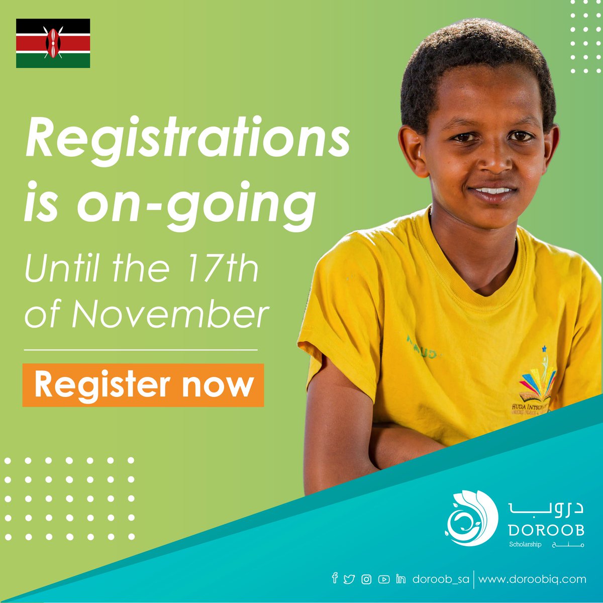 5 days left until the registration is over! Take a step now and support your child by registering! Link in bio.
-
#Doroob_Scholarship
#Gifted 
#Scholarship_Kenya #Scholarship #Doroob_sa 
#Education #learning 
#21st_century_skills
#positive_change
#primary_students 
#Kenya