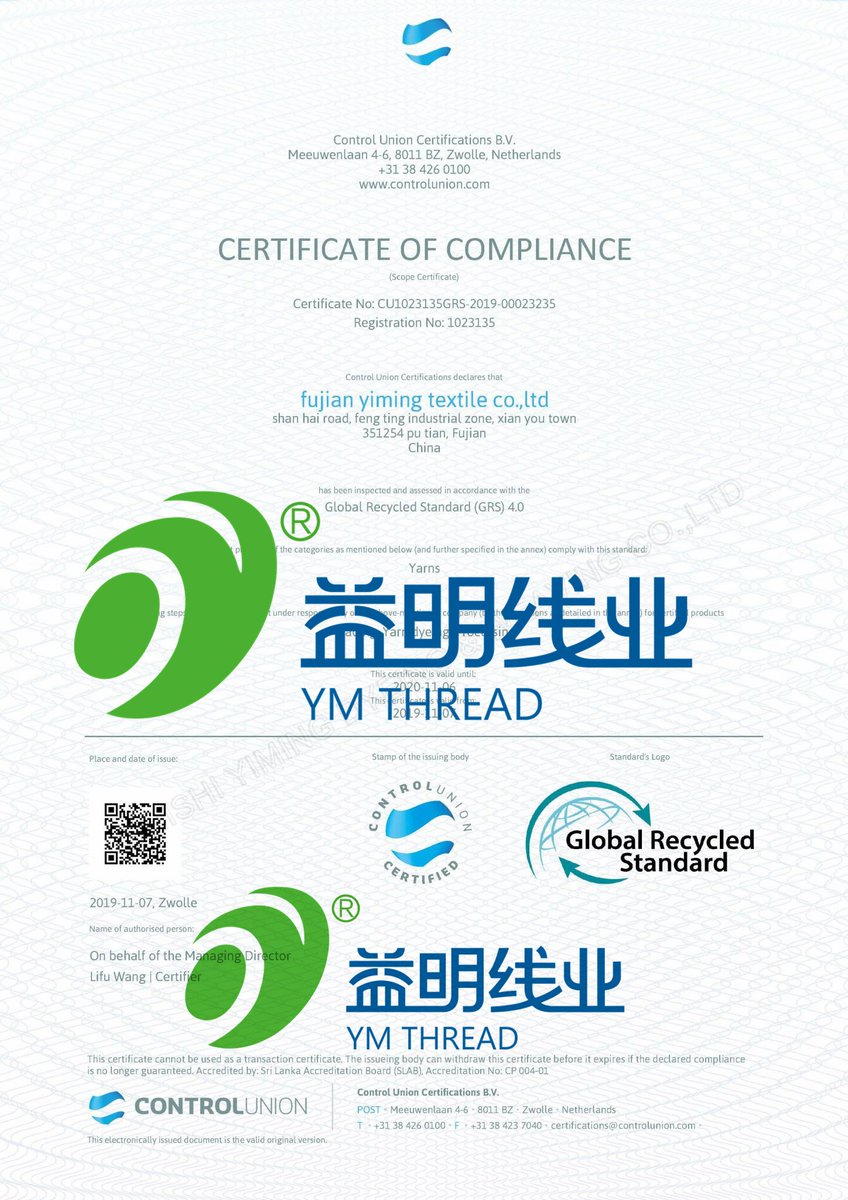 ThreadYm's tweet image. Congrats!! 
We obtain the #GRS CERTIFICATE for dyed polyester #recycle yarn, 75D\100D\150D\300D
#Usage: Flyknit Upper, Garment Fabric, Collar, Ribbon, Lable, Mattress. 
Get more: ymthread.com