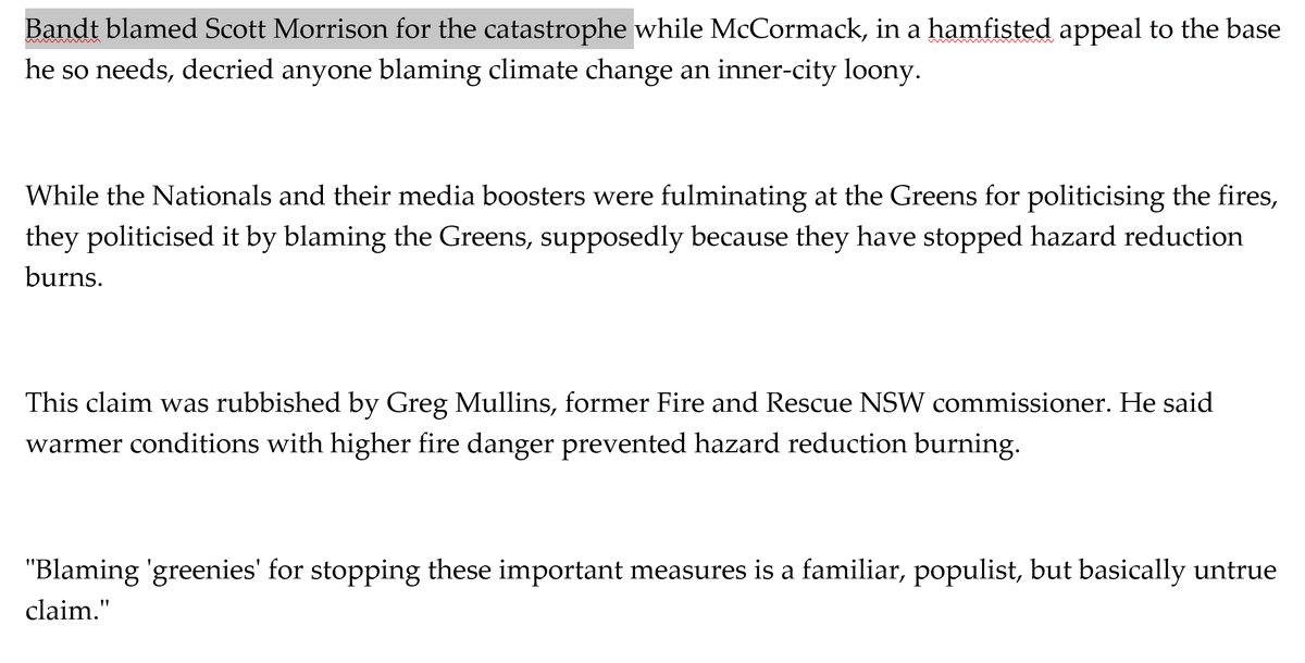 Even in Coorey's original article, "Bandt blamed Morrison for the catastrophe" - really? Did that happen? I didn't see that anywhere. What instinct is this? It's so, so weird.