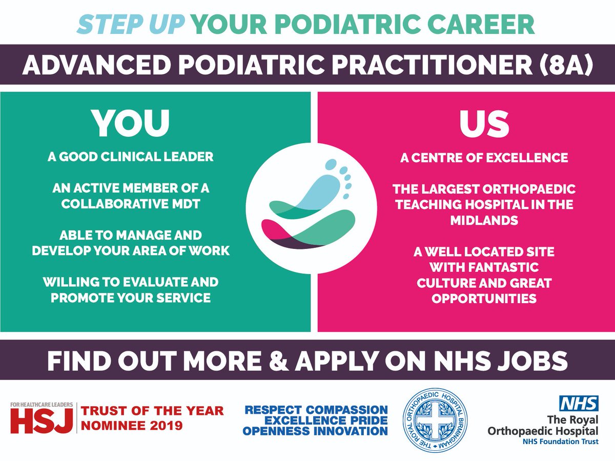 The Royal Orthopaedic Hospital (@rohnhsft) on Twitter photo **𝗝𝗢𝗕 𝗔𝗟𝗘𝗥𝗧** We're looking for an Advanced Podiatric Practitioner. Fancy being part an innovative team in a centre of excellence? <a href="/ROHNHSFT/">The Royal Orthopaedic Hospital</a> is the place to take your podiatric career to the next level. Find out more: jobs.nhs.uk/xi/vacancy/?va…
#podiatry #NHSjobs 🦵 **𝗝𝗢𝗕 𝗔𝗟𝗘𝗥𝗧** We're looking for an Advanced Podiatric Practitioner. Fancy being part an innovative team in a centre of excellence? <a href="/ROHNHSFT/">The Royal Orthopaedic Hospital</a> is the place to take your podiatric career to the next level. Find out more: jobs.nhs.uk/xi/vacancy/?va…
#podiatry #NHSjobs 🦵