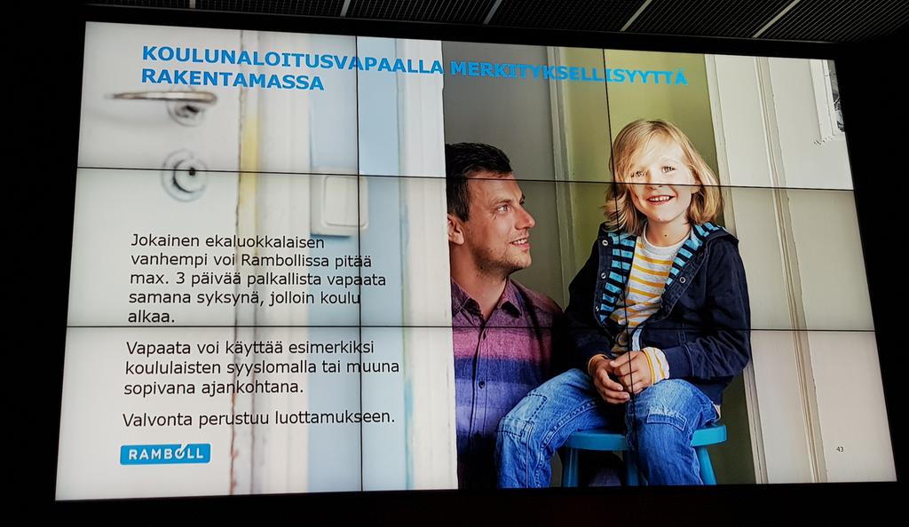 Rambolilla ekaluokkalaisten vanhemmat saavat kolmen päivän koulunaloitusvapaan. Merkittävä  konkreettinen teko joustavuuden lisäämiseksi työpaikalla. Teolla iso vaikutus myös työnantajakuvaan #ramboll #merkityksellistätyöelämää #työnantajakuva #vastuullisuus