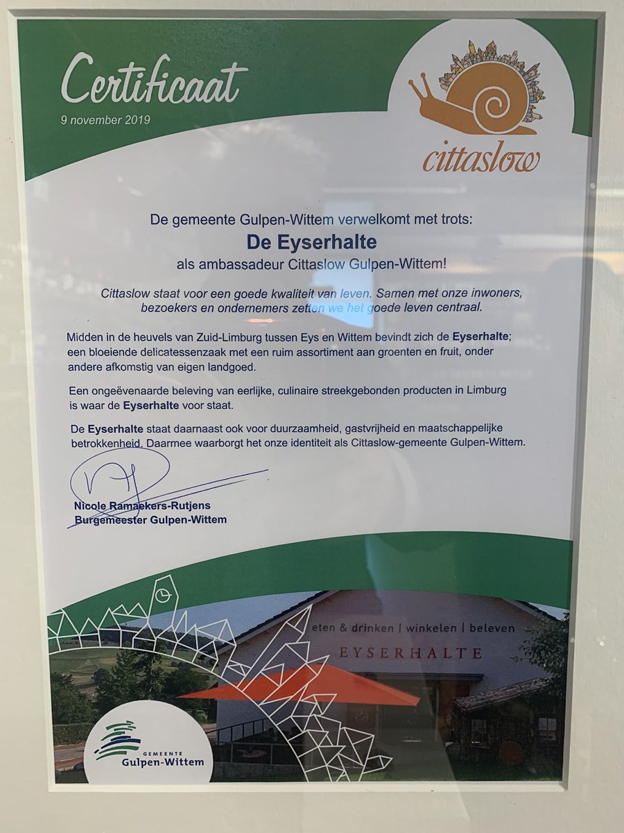 Dankbaar zijn we dat we ambassadeur mogen zijn van <a href="/cittaslow_intl/">Cittaslow International</a> <a href="/GemGulpenWittem/">Gemeente Gulpen-Wittem</a> dit versterkt onze visie en daadkracht om verder te bouwen aan een gezonde toekomst. Dank aan onze burgemeester <a href="/NicoleRamaekers/">Nicole Ramaekers</a> voor de uitreiking.