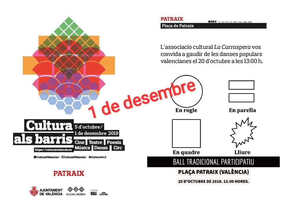 Atents! Recordeu que vam haver de suspendre la nostra última actuació? Doncs ja tenim nova data! Vos esperem l'1 de desembre a la Plaça Patraix a les 13:00 per passar un matí de balls. Vindreu?