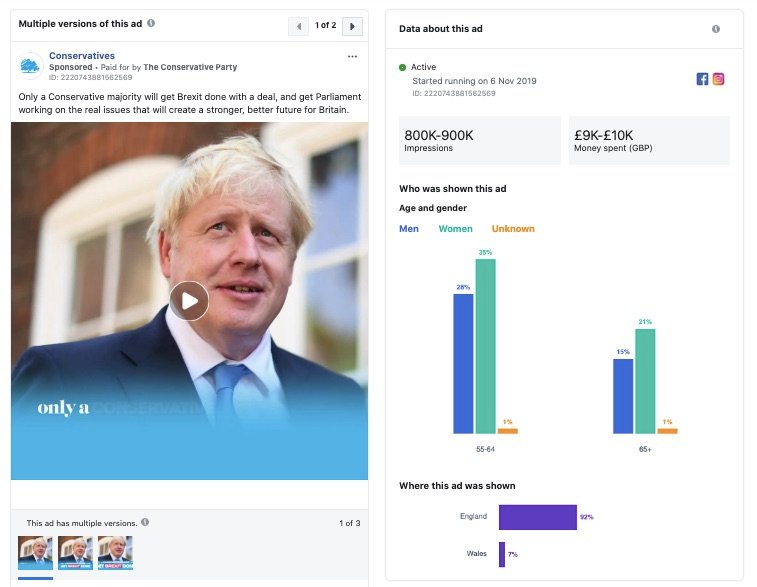 Let's start w/ the party in power. The  @Conservatives are running a very presidential campaign in which  @BorisJohnson is front and center. But they are spending a lot £ to get in front of voters on FB. To get almost 1m "impressions," the Tories had to spend up to £10k