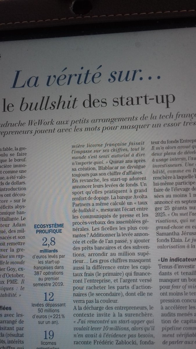 MichelNizon's tweet photo. Grâce à (@Challenges) et l'article de Delphine Déchaux
(@ladech), Bullshit et Start-up vont devenir un thème mainstream !
Comme un début de retour aux fondamentaux : CA et rentabilité &amp; la fin de valos stratosphériques.
Parions un avant et un après à la suite de ce texte 👇 https://t.co/orc8ojQJ3Z