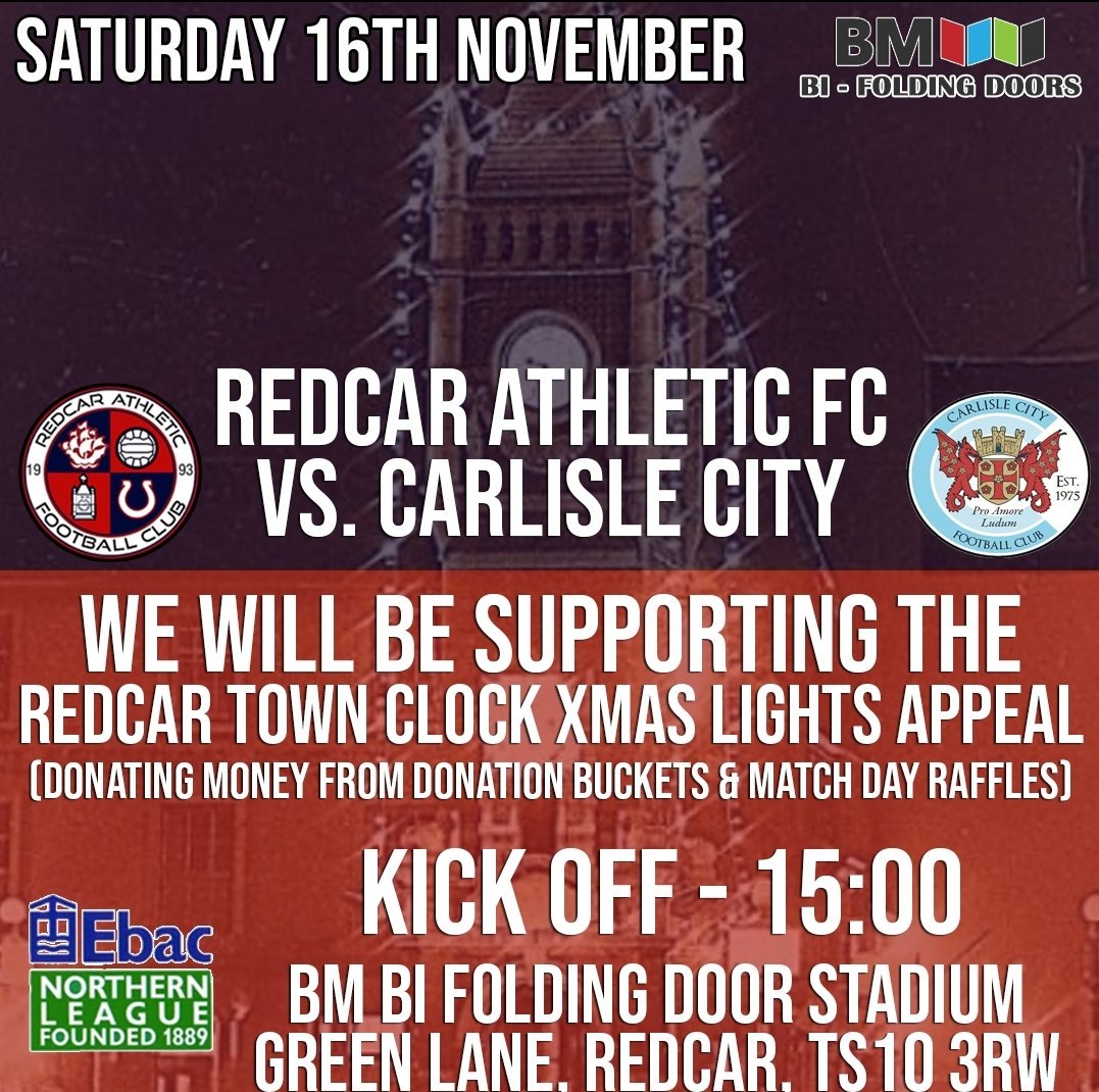 redcarathleticf's tweet photo. @primrosebellmkt  On Sat we take on @CarlisleCityFC in the @theofficialnl 3pm ko and we will be supporting the Redcar Town Clock Xmas Lights Appeal. We will be raising funds for this fantastic cause for our Town. 
Can you help to promote
#themightyredcar
https://t.co/80Kf4pjGvI https://t.co/eBqIPYt10Y