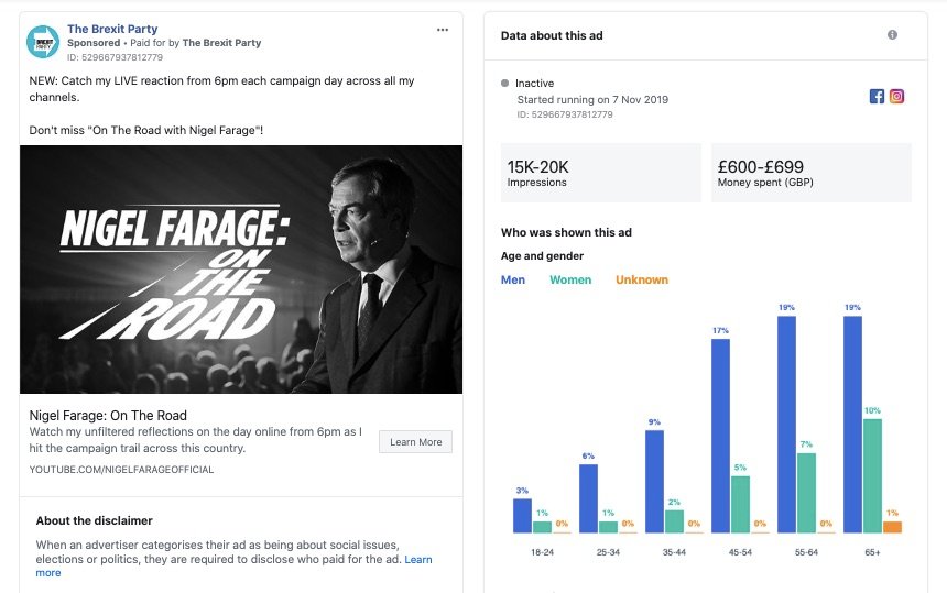 Contrast  @Conservatives spending with that of  @brexitparty_uk, which is equally running a presidential campaign around  @Nigel_Farage but got a sizable better bang of their buck in terms of number of impressions vs money spent (caveat: it's a significantly smaller figure)