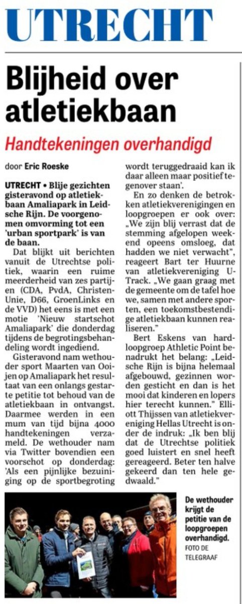 'Blijheid over atletiekbaan' 
Vanochtend in #Telegraaf_Utrecht 
#Amaliapark #atletiekbaan