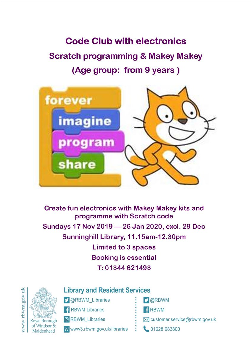RBWM_Libraries's tweet image. Create fun #electronics with #MakeyMakey kits and programme with #Scratchcode. Starts Sundays 17 November 2019 - 26 January 2020,
#SunninghillLibrary, 11.15am-12.30pm. Limited to 3 spaces. Booking is
essential. Call 01344 621493 @RBWM