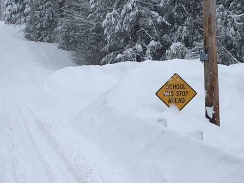 A yellow road sign that says "school bus stop ahead" nearly buried in snowfall.