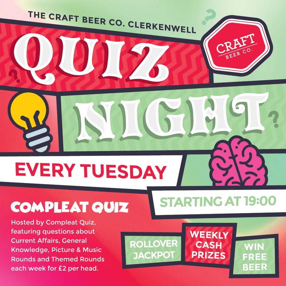 craftbeercoEC1's tweet photo. Tonight!! Free beer for the winning team - £120 cash jackpot up for grabs!! 

Hosted by @CompleatQuiz 

Book your table now!! 

#craftbeer #craftnotcrap #pubquiz #quizzers #london https://t.co/nmVkd3p5tC