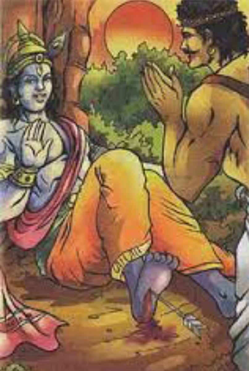 As soon as the hunter reached Krishna, he realised his mistake and pleaded the lord for forgiveness. Lord Krishna consoles him and tells him how his death was inevitable and things are going as per divine plan .