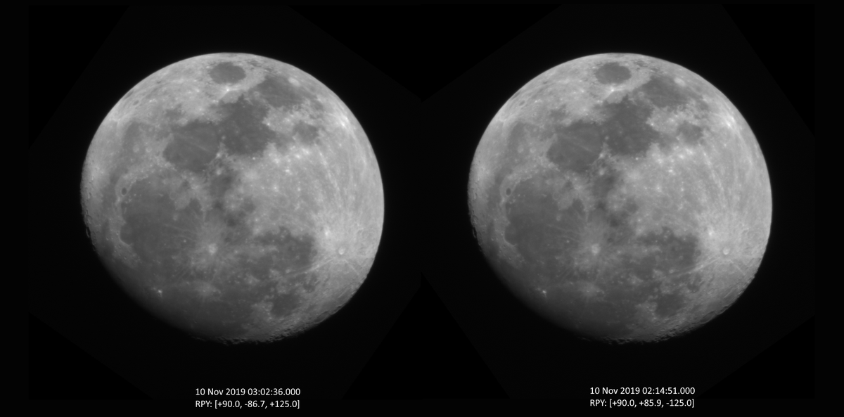DrTen7's tweet photo. A little bit of #astrophotography from an idle part of the #KazSTSAT orbit leveraging its BDL payload and the excellent pointing performance. Two radiometry monitoring images of the #Moon captured half an orbit apart, effectively forming a #stereo pair with a 14000 km  base line https://t.co/eDkqpVCN63
