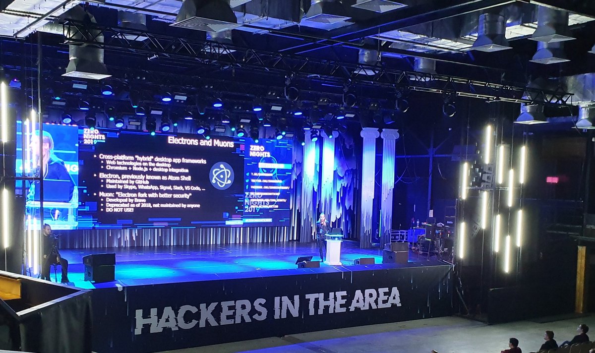 ivagunin's tweet image. Now @jupenur on stage talking on &quot;electrons and muons&quot; at @ZeroNights #electronjs