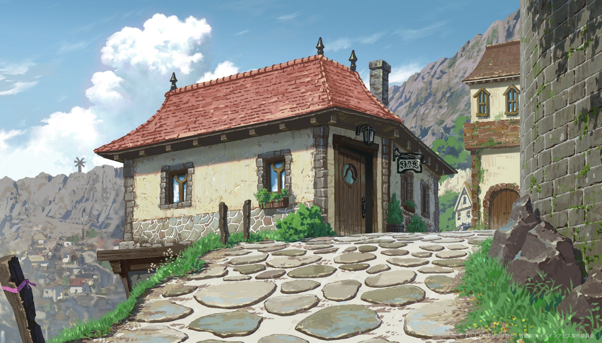 増山修 インスパイアード Masuyama Osamu Inspired Inc メイドインアビス 第2話背景 高低差のあるオースの街の情景 影と光のパズルによる 奥行のある空間づくりを目指してスタッフも頑張ってくれました Madeinabyss Backgroundart メイドイン