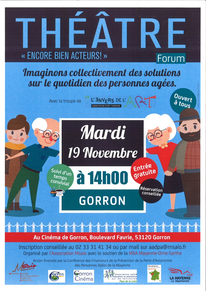 #présenceverte vous invite à participer à cet événement:
Le 1️⃣9️⃣ Novembre à 14 Heures #théâtre 👏à GORRON au cinéma🎬entrée gratuite .
Au programme 📜💡 Imaginons ensemble des solutions sur le quotidien des personnes âgées.
