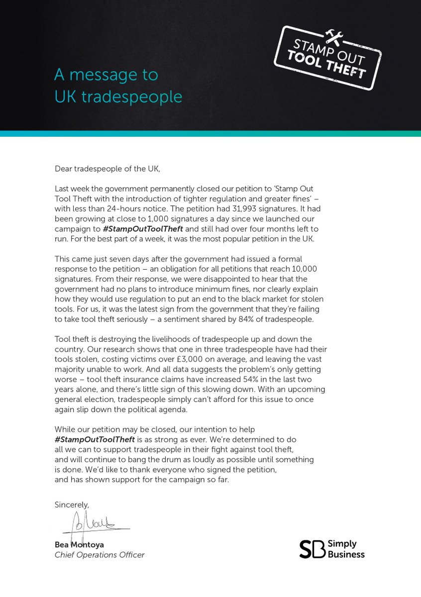 simplybusiness's tweet image. Last week @GOVUK closed our petition to #StampOutToolTheft 🛠️

Almost 32,000 of you signed it, with the strong support of @onthetoolstv &amp;amp; @pbplumber 

We&apos;ll continue to campaign against #tooltheft until something is done 🚧

More from our COO @beatrizmontoya